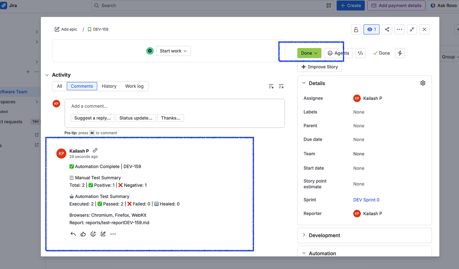 JIRA showing test execution status updated by the AI agents